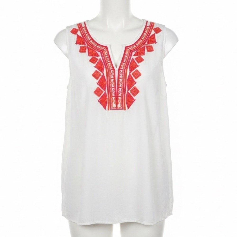 Solitaire Blouse Large‎ White Red Orange Embroidered V-Neck Sleeveless Tank Boho
